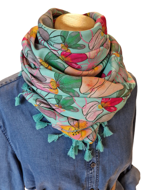 Dreieckstuch Damen Samantha, Schal Damen, Blumen, Mint, Pink, orange