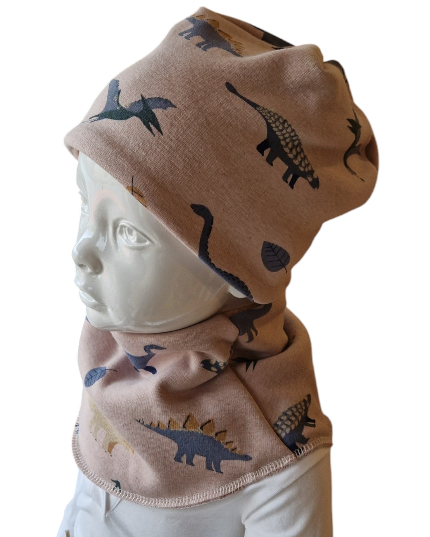 Kindermütze und Schlupfschal in Baumwolle/Fleece Dynos in hellrosa