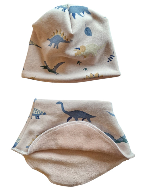 Kindermütze und Schlupfschal in Baumwolle/Fleece Dynos in hellrosa