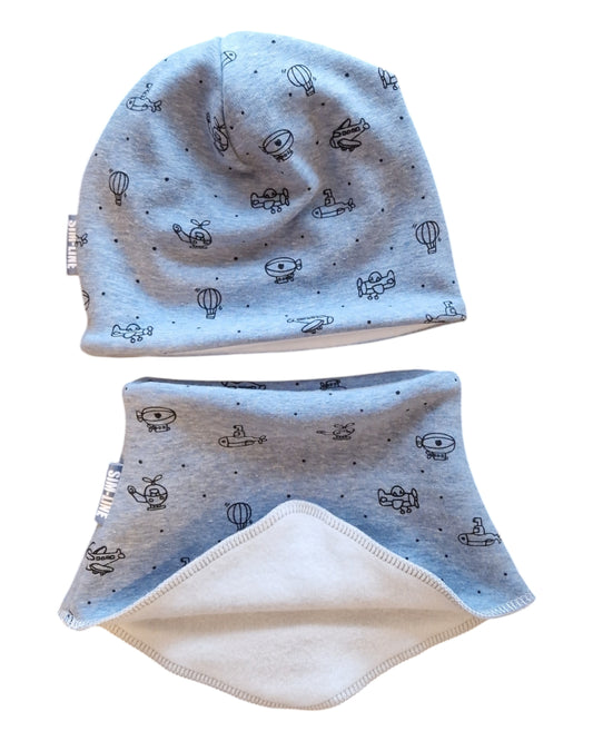 Kindermütze und Schlupfschal in Baumwolle und Fleece, jeansblau mit Luftfahrzeuge