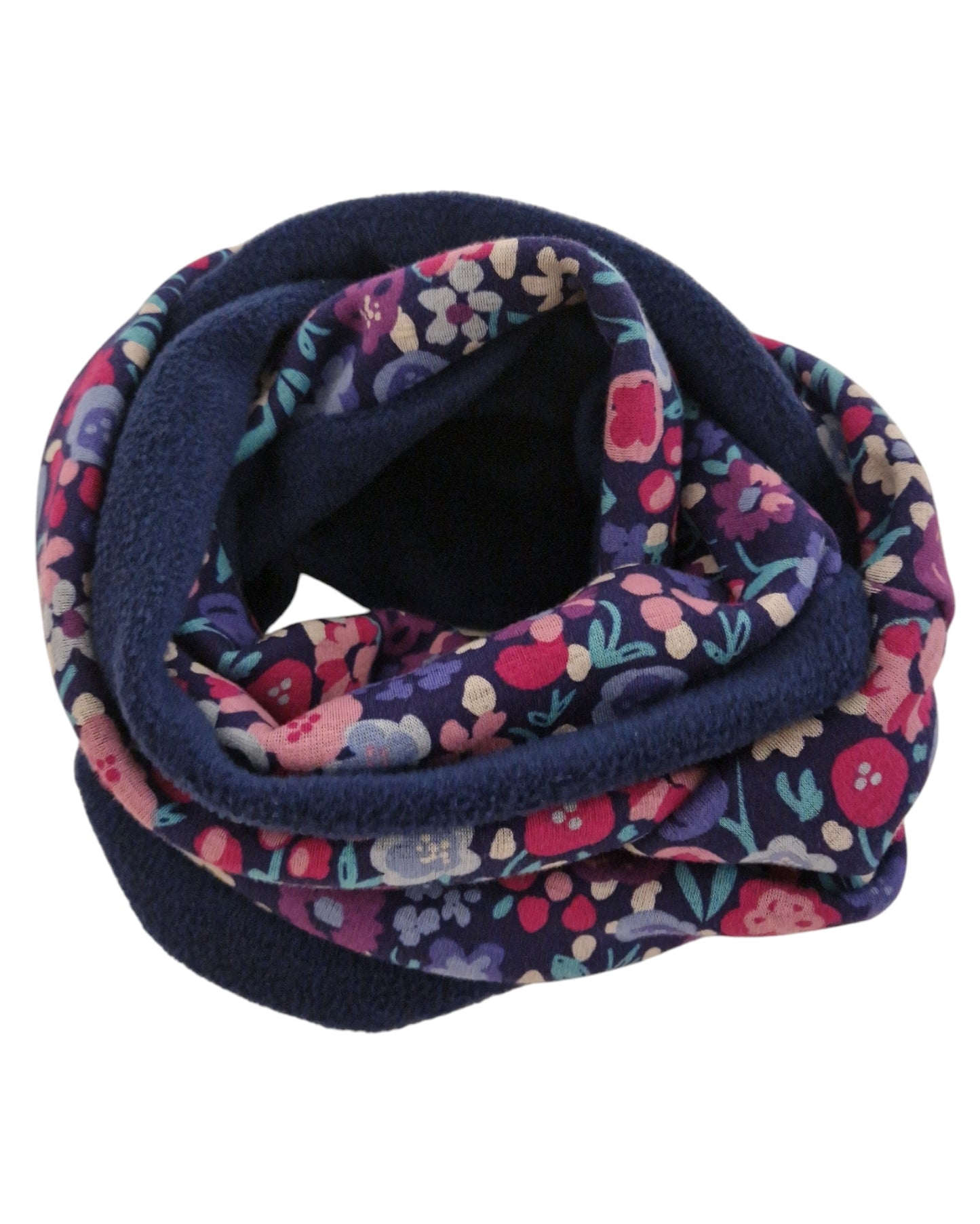 Kinderschal, Loop, in Baumwolle und Fleece, dunkelblau mit Blumen