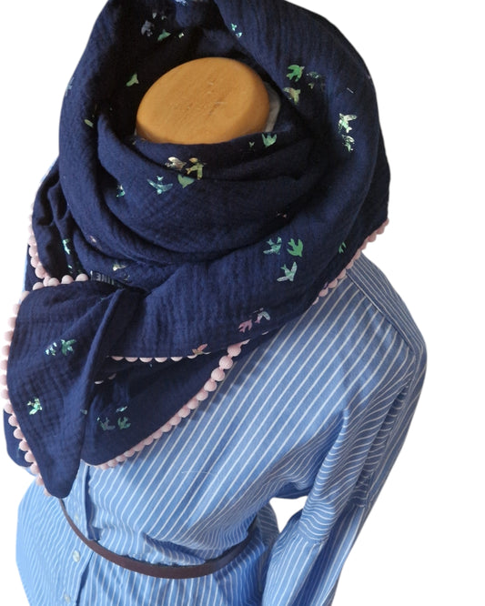 Dreieckstuch Damen Amelia, Musselintuch, Schal Dame Musselin, marine mit 🌈 🐦