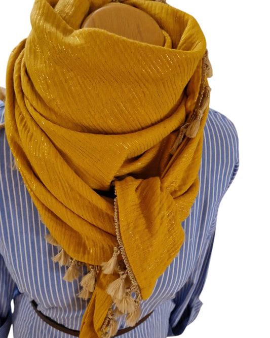 Dreieckstuch Damen Vittoria, Musselintuch, mit Glitzerstreifen, Senf