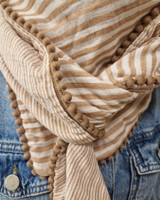 Dreieckstuch Damen Valerie, Schal Damen, Musselintuch, gestreift, weiss-karamell