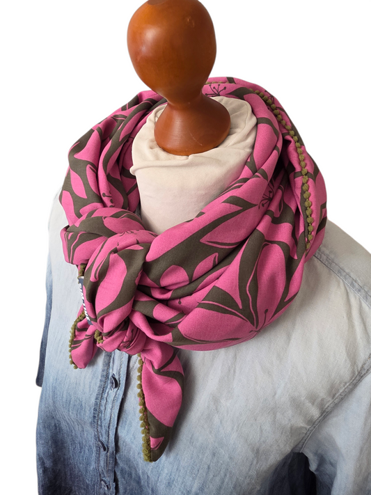 Dreieckstuch Damen Olli, Schal Damen, Blumen, Olivgrün, pink
