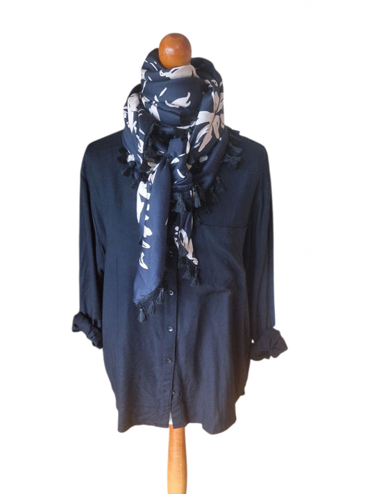 Dreieckstuch Damen Sabrine, Schal Damen, Viskose-Satin, Schwarz, Beige, Blumen