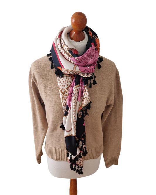 Dreieckstuch Damen Betty, Schal Damen, schwarz, orange, pink, Leo, beige