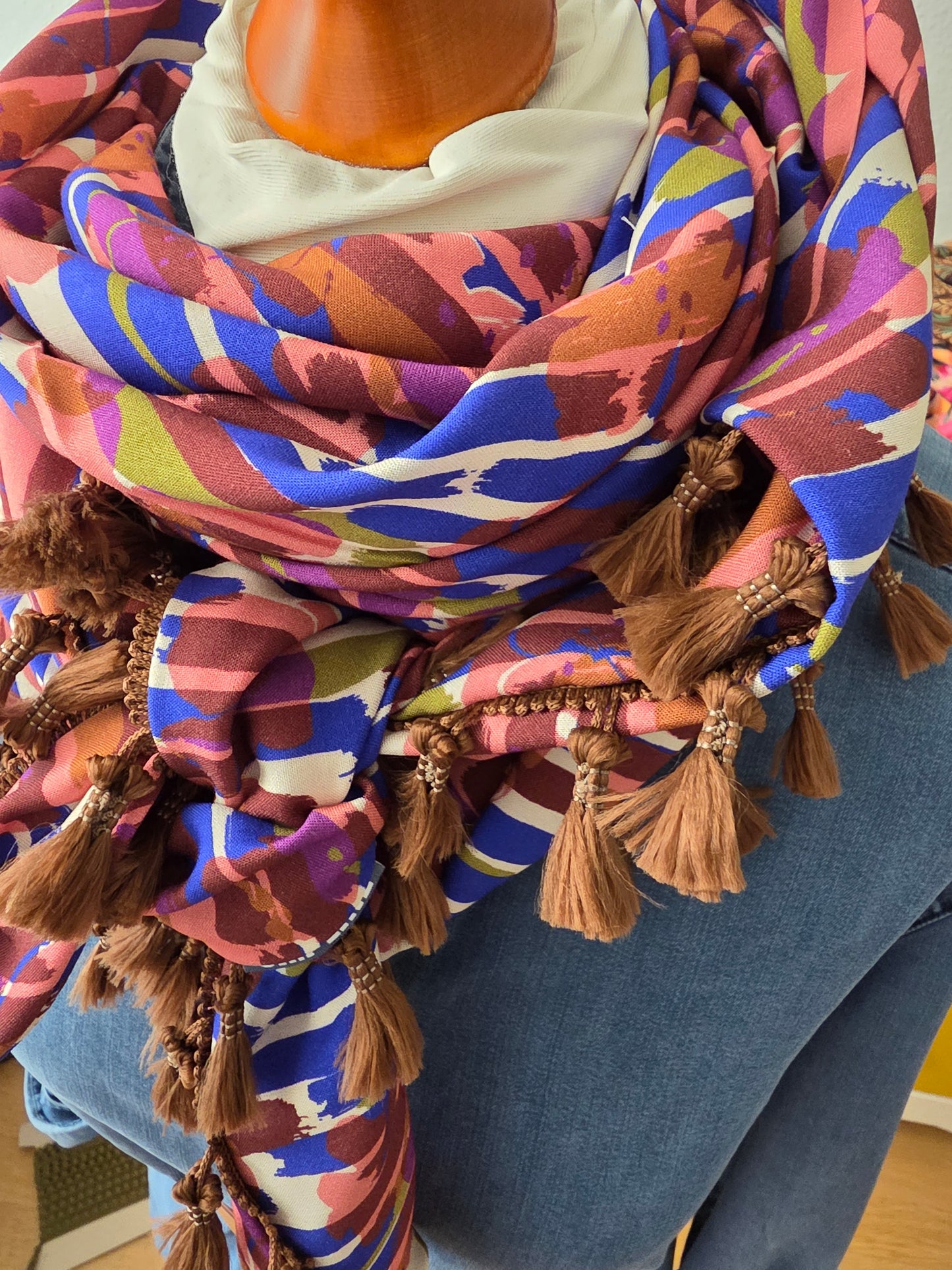 Dreieckstuch Damen Lyra, Schal Damen, royalblau, braun, offwhite, pink, peach, Olivgrün