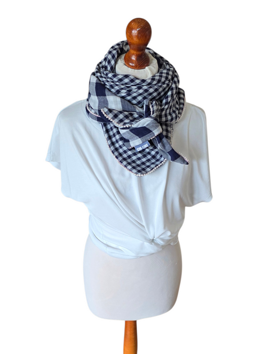 Dreieckstuch Damen Cinzia, Schal Damen, Musselintuch, kariert, marineblau- weiss