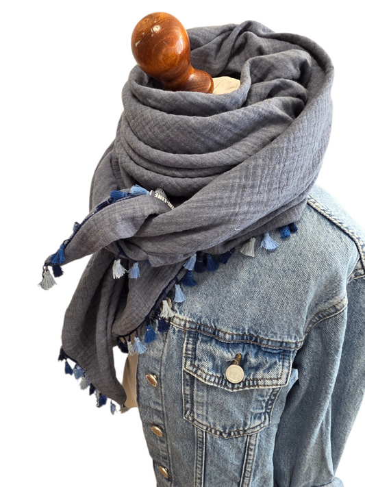 Dreieckstuch Damen Sarah, Schal Damen. Musselintuch, jeansblau melange