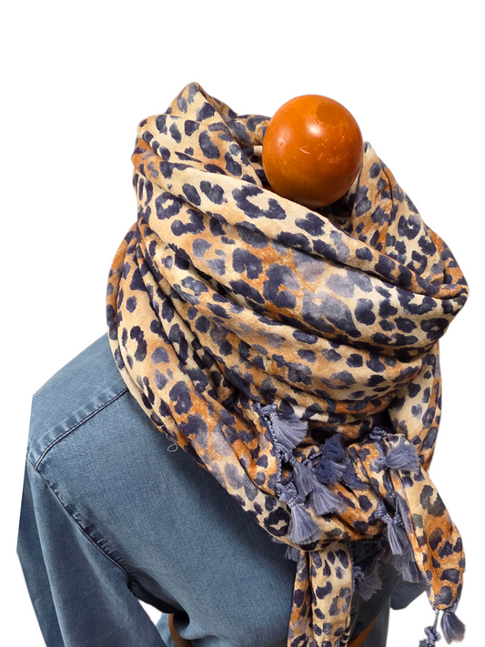 Dreieckstuch Damen Leonie, Schal Damen, Musselintuch, Leomuster, braun-blau