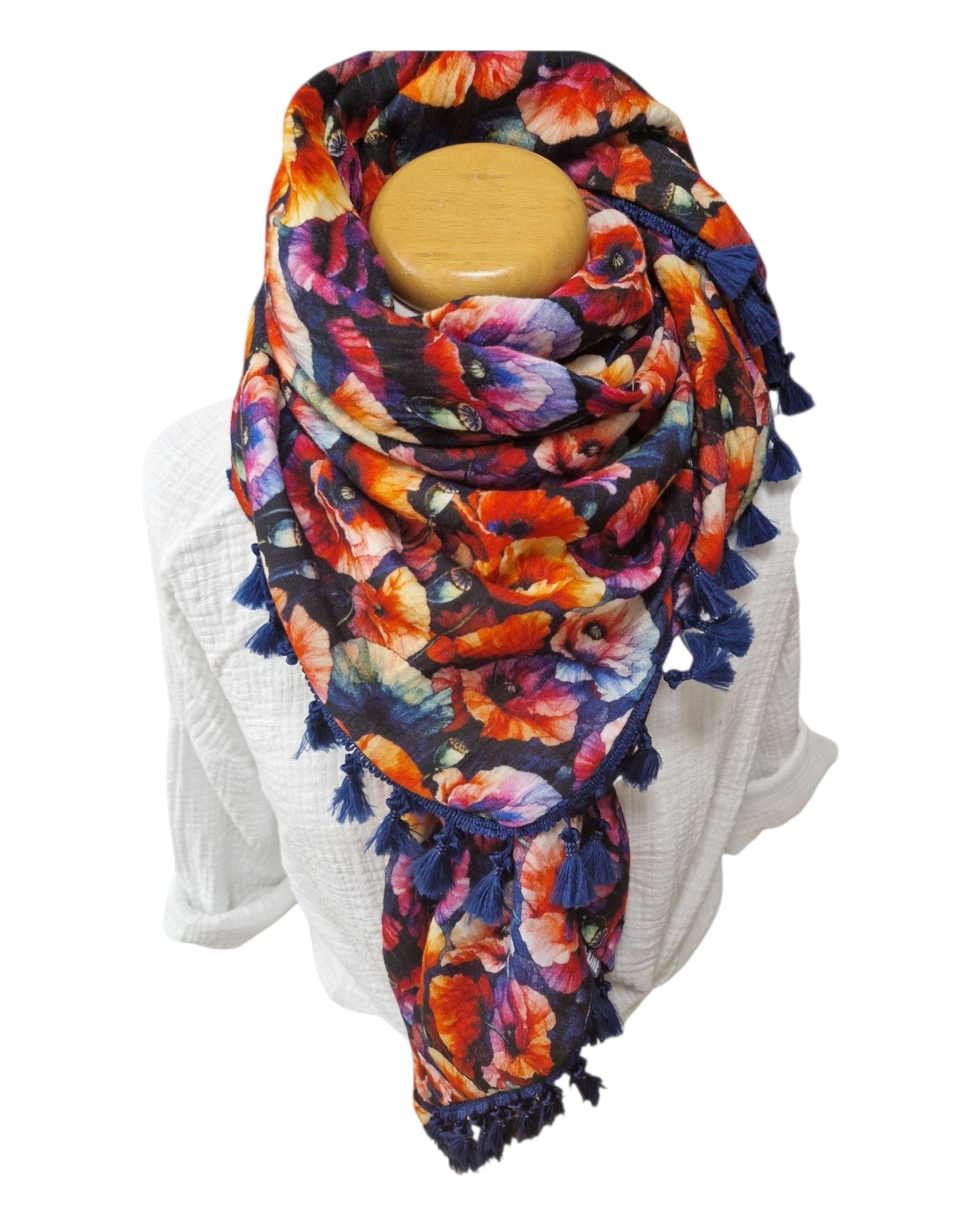 Dreieckstuch Damen Camille,Schal Damen, Musselinschal, Blumen, orange, Blau, rot