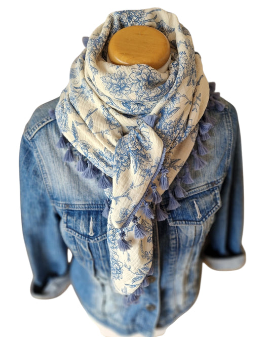 Dreieckstuch Damen Lisette, Schal Damen, Musselinschal, offwhite/ hellblau