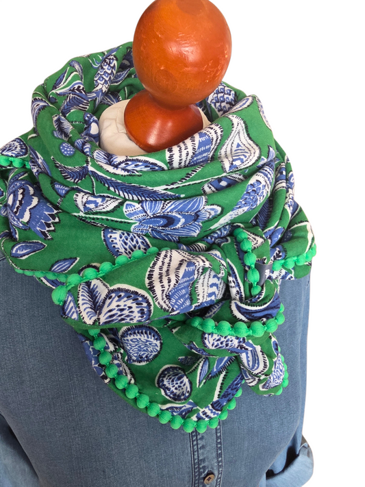 Dreieckstuch Damen Sabrina, Schal Damen, Musselintuch, grün, jeansblau