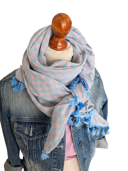 Dreieckstuch Damen Josette, Schal Damen, Seersucker, kariert, hellblau, peach