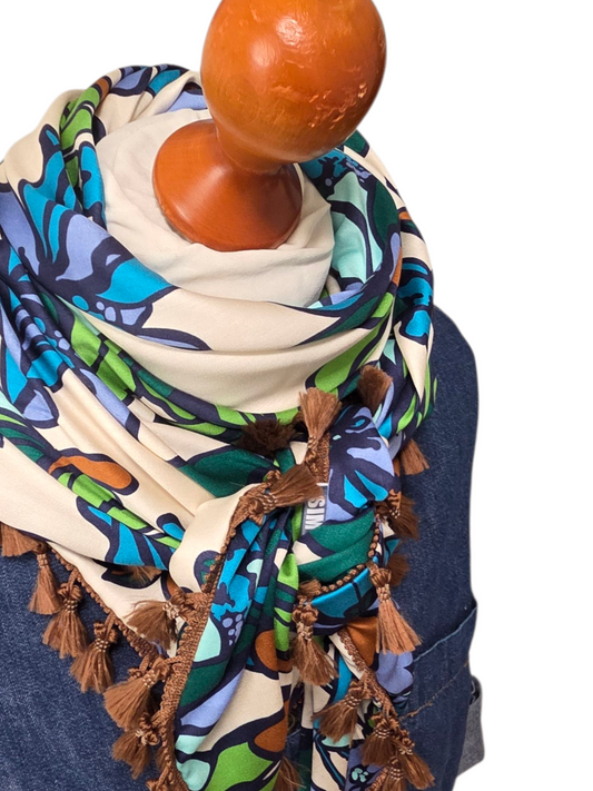 Dreieckstuch Damen Daniella, Schal Damen, Blumen, grün , braun, blau, lila