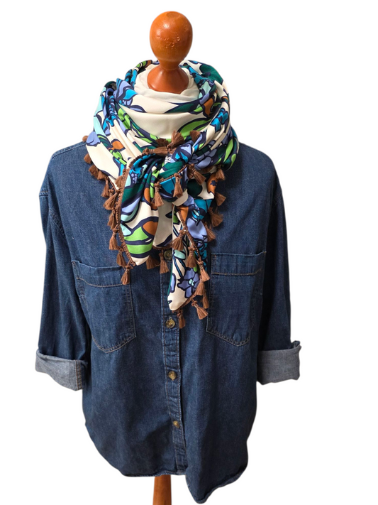 Dreieckstuch Damen Daniella, Schal Damen, Blumen, grün , braun, blau, lila
