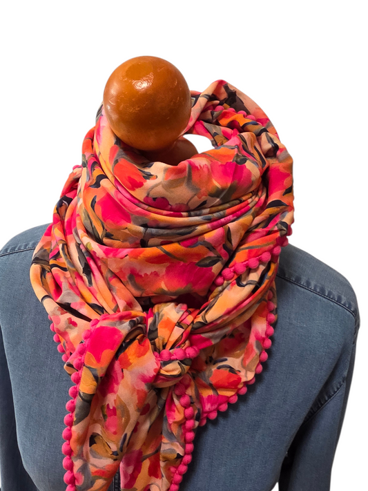 Dreieckstuch Damen Sonja, Schal Damen, Blumen, pink, orange, olivegrün