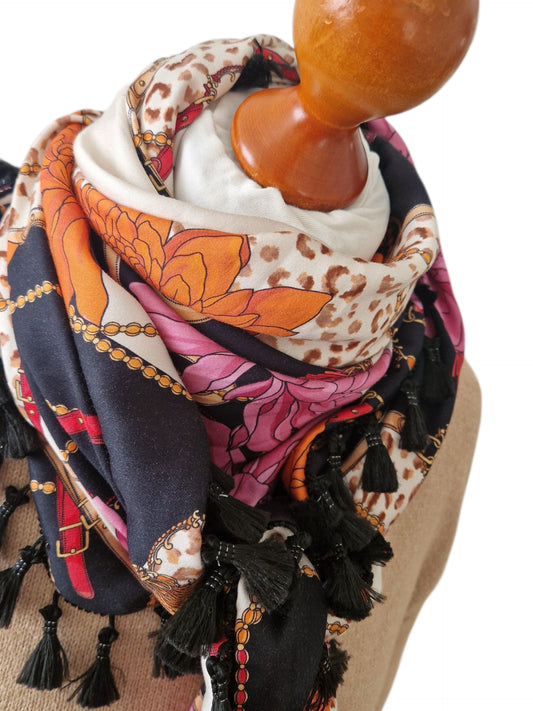 Dreieckstuch Damen Betty, Schal Damen, schwarz, orange, pink, Leo, beige