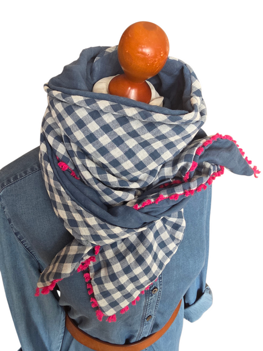 Dreieckstuch Damen Sofia, Schal Damen, Musselintuch, Karomuster, jeansblau, weiss