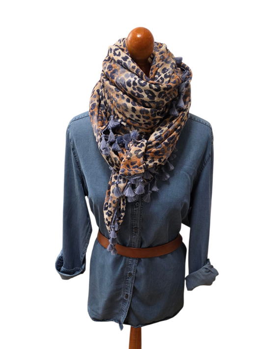 Dreieckstuch Damen Leonie, Schal Damen, Musselintuch, Leomuster, braun-blau