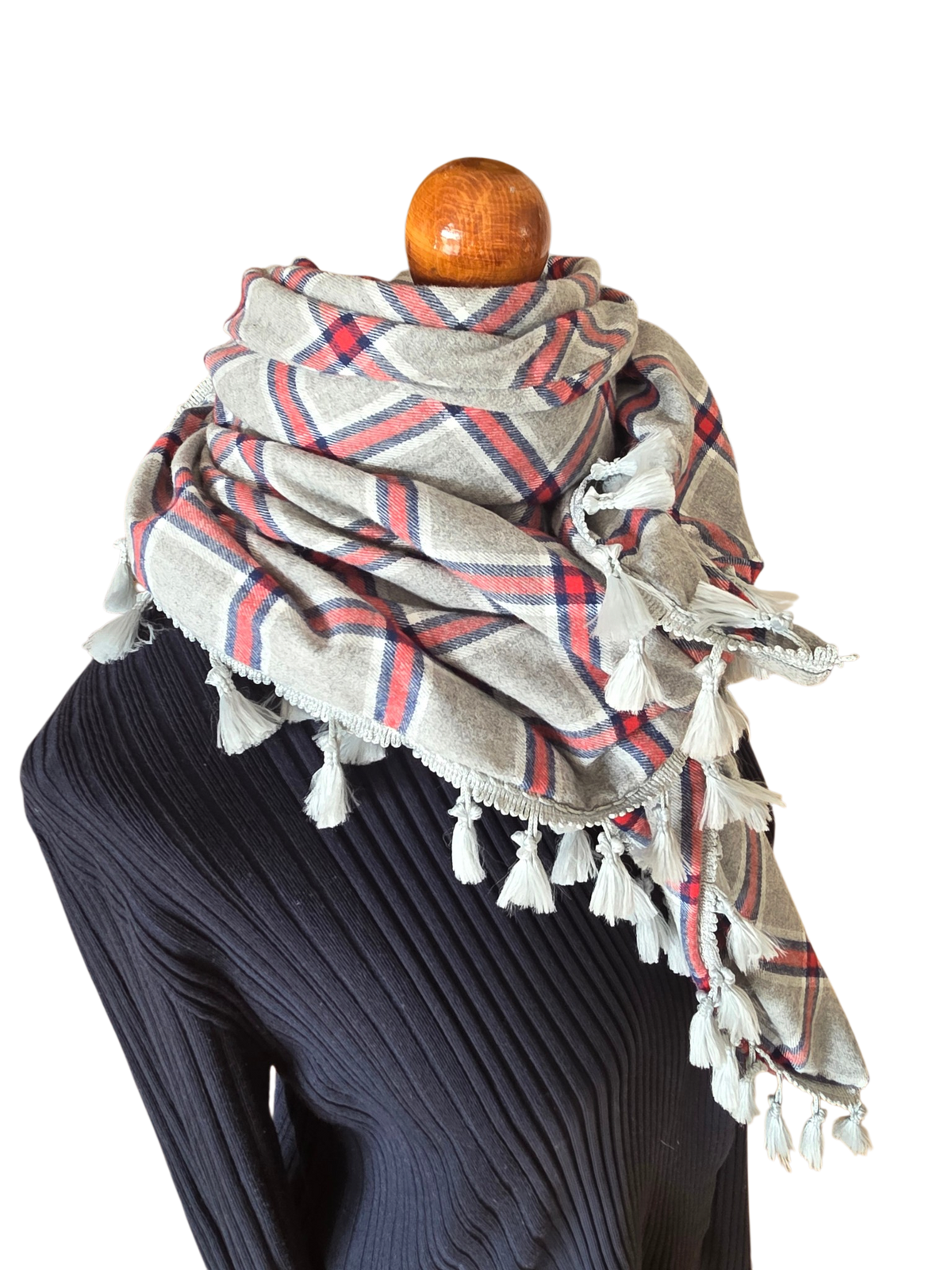 Dreieckstuch Damen Daria, Schal Damen, kariert, hellgrau, marineblau, rot, Flanell