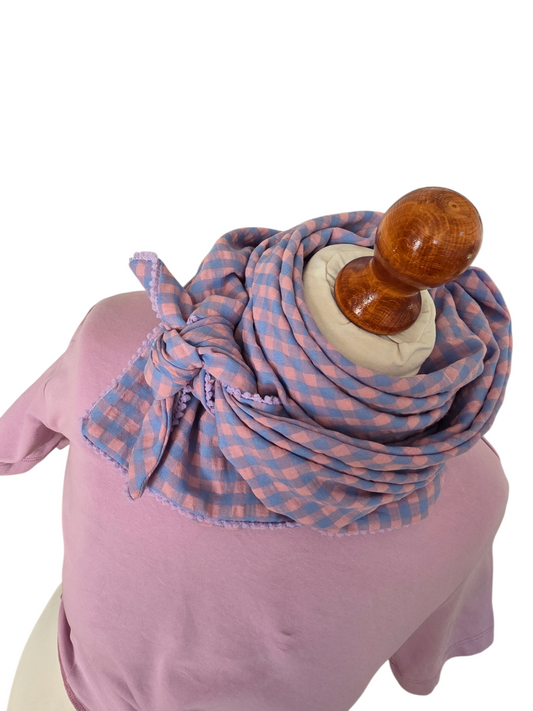 Dreieckstuch Damen Maelle, Schal Damen, Seersucker, kariert, jeansblau-peach