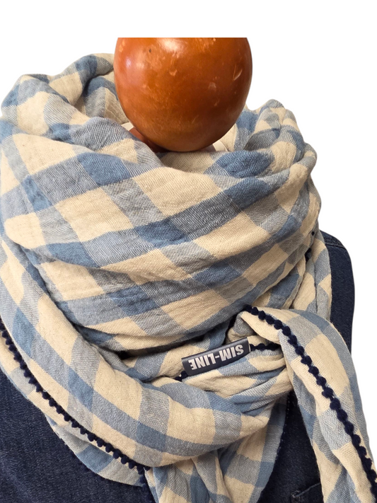Dreieckstuch Damen Selvaggia, Schal Damen, Musselinschal, kariert, hellblau-offwhite