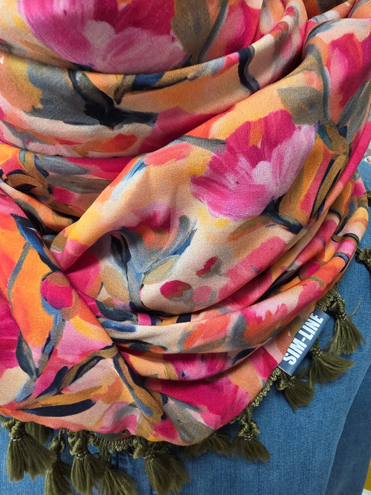 Dreieckstuch Damen Charlotte, Schal Damen, Blumen, pink, Olivgrün, orange