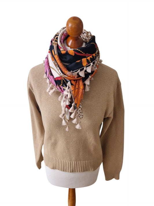 Dreieckstuch Damen Sylvie, Schal Damen, schwarz, pink orange, Leo, beige
