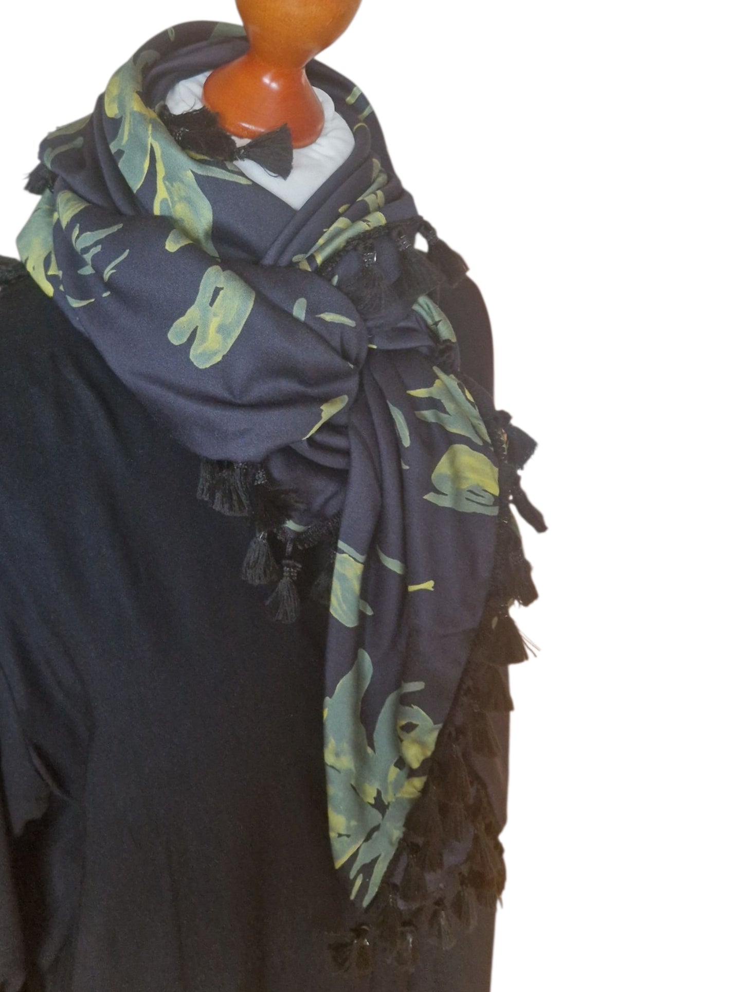 Dreieckstuch Damen Cécile, Schal Damen, Viskose-Satin, Schwarz, Olivgrün, Blumen