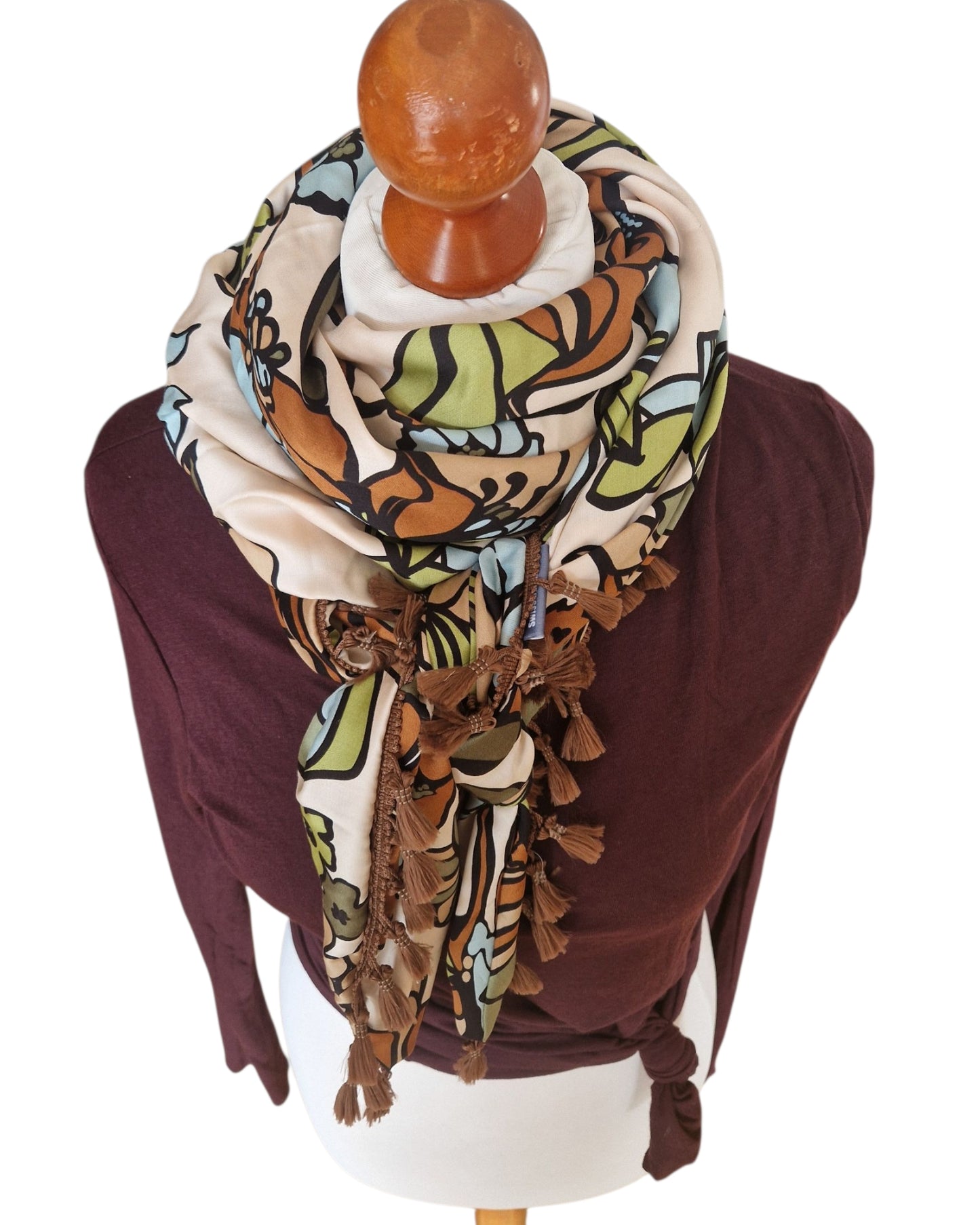 Dreieckstuch Damen Clémence, Schal Damen, Viskose-Satin, Blumen, olivegrün, hellblau, braun