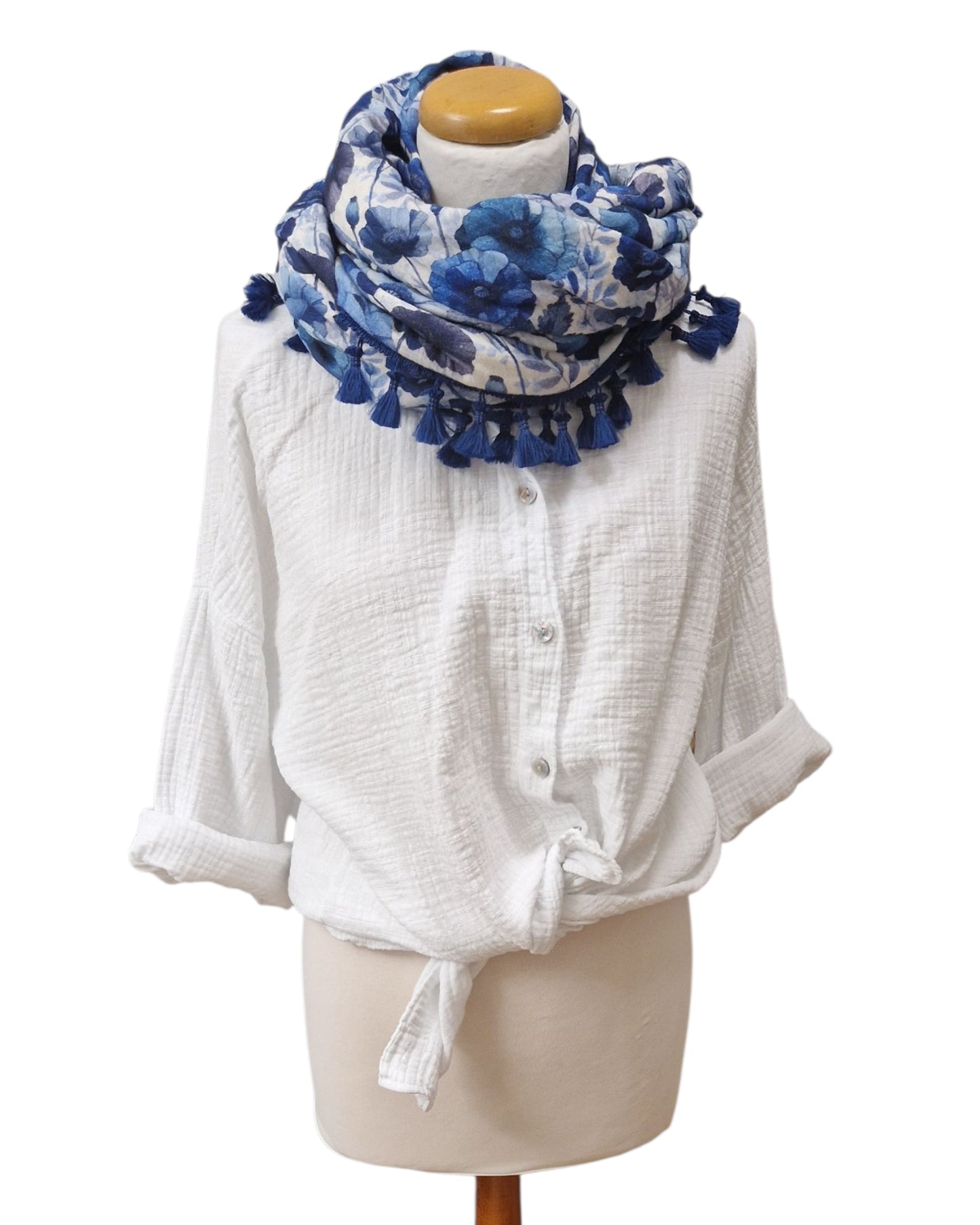Dreieckstuch Damen Lilla, Schal Damen, Musselinschal, Blumen blau