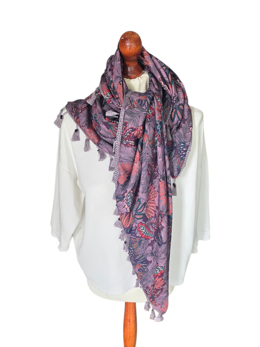 Dreieckstuch Damen Daniella, Schal Damen, Lavendel, Petrol, Bordeaux und Marineblau, Blumen