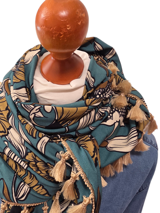 Dreieckstuch Damen Ramona, Schal Damen, Dunkelmint, Braun, Blumen
