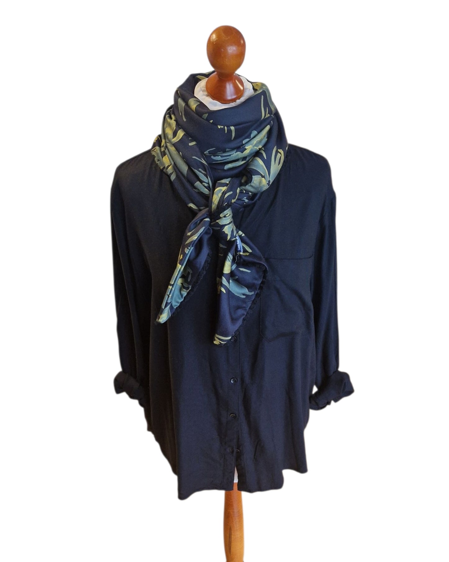 Dreieckstuch Damen Alexiane, Schal Dame, Viskose-Satin, Blumen, Schwarz, Olivegrün