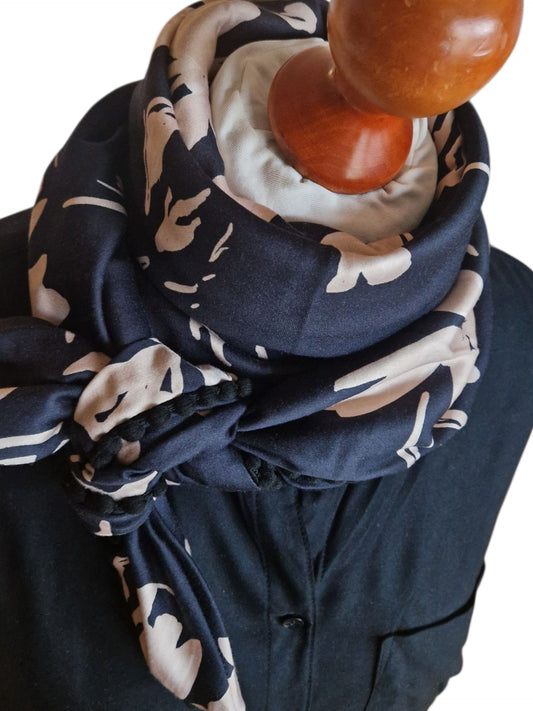 Dreieckstuch Damen Bérénice, Schal Damen, Viskose-Satin, Schwarz, Beige, Blumen