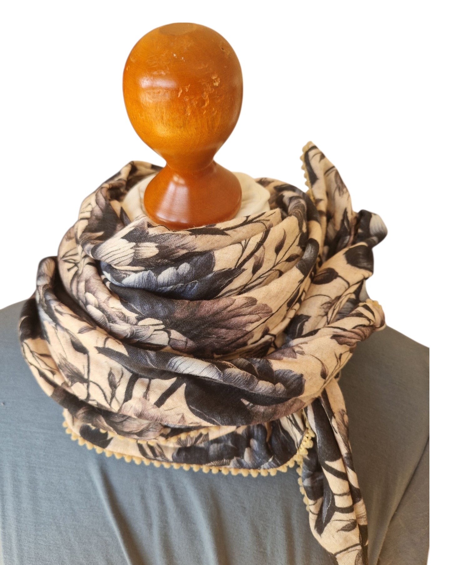 Dreieckstuch Damen, Schal Damen Laurine, Musselinschal, Blumen, grau, beige , blau, hellblau