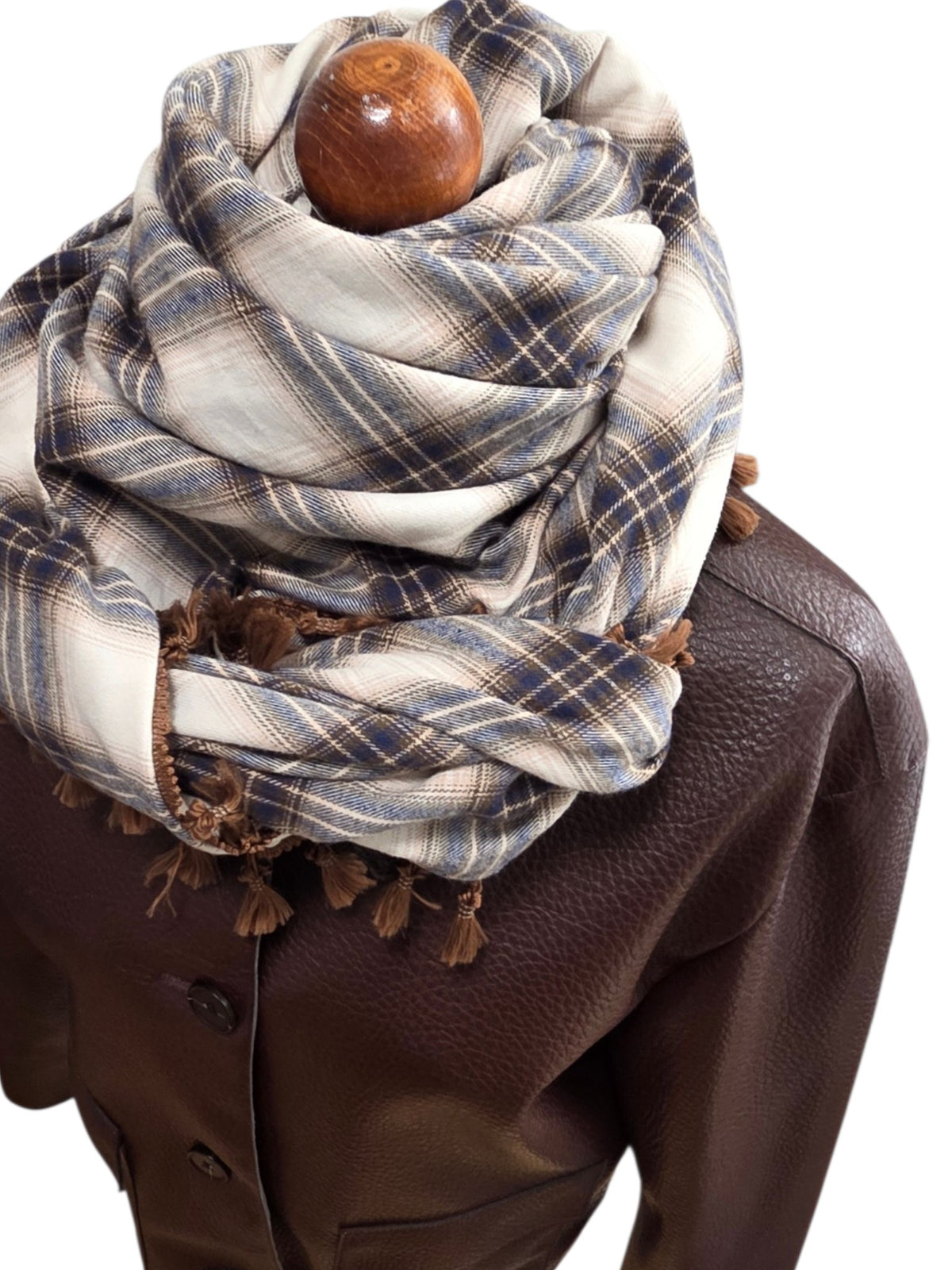 Dreieckstuch Damen Malia, Schal Damen, kariert, ecrú, dunkelblau, braun, Flanell