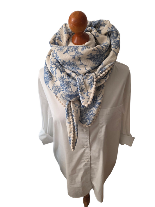 Dreieckstuch Damen Sarah, Schal Damen, Musselintuch, Vögel und Blumen offwhite, blau