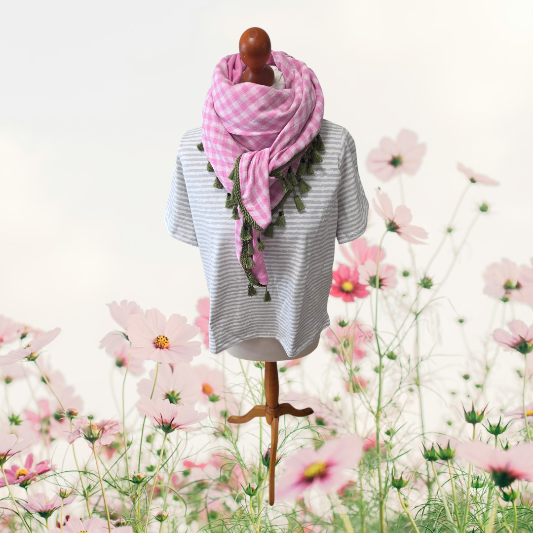 Dreieckstuch Damen Cassandra, Schal Damen, Musselischal, karo weiss-rosa