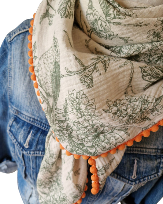 Dreieckstuch Damen Yvette, Schal Damen, Musselinschal offwhite/grün