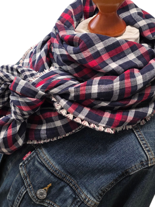 Dreieckstuch Damen Anouk, Schal Damen, Musselintuch, karo, rot, weiss, blau