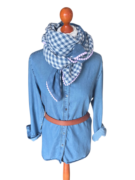 Dreieckstuch Damen Marinella, Schal Damen, Musselintuch, Karomuster jeansblau, weiss