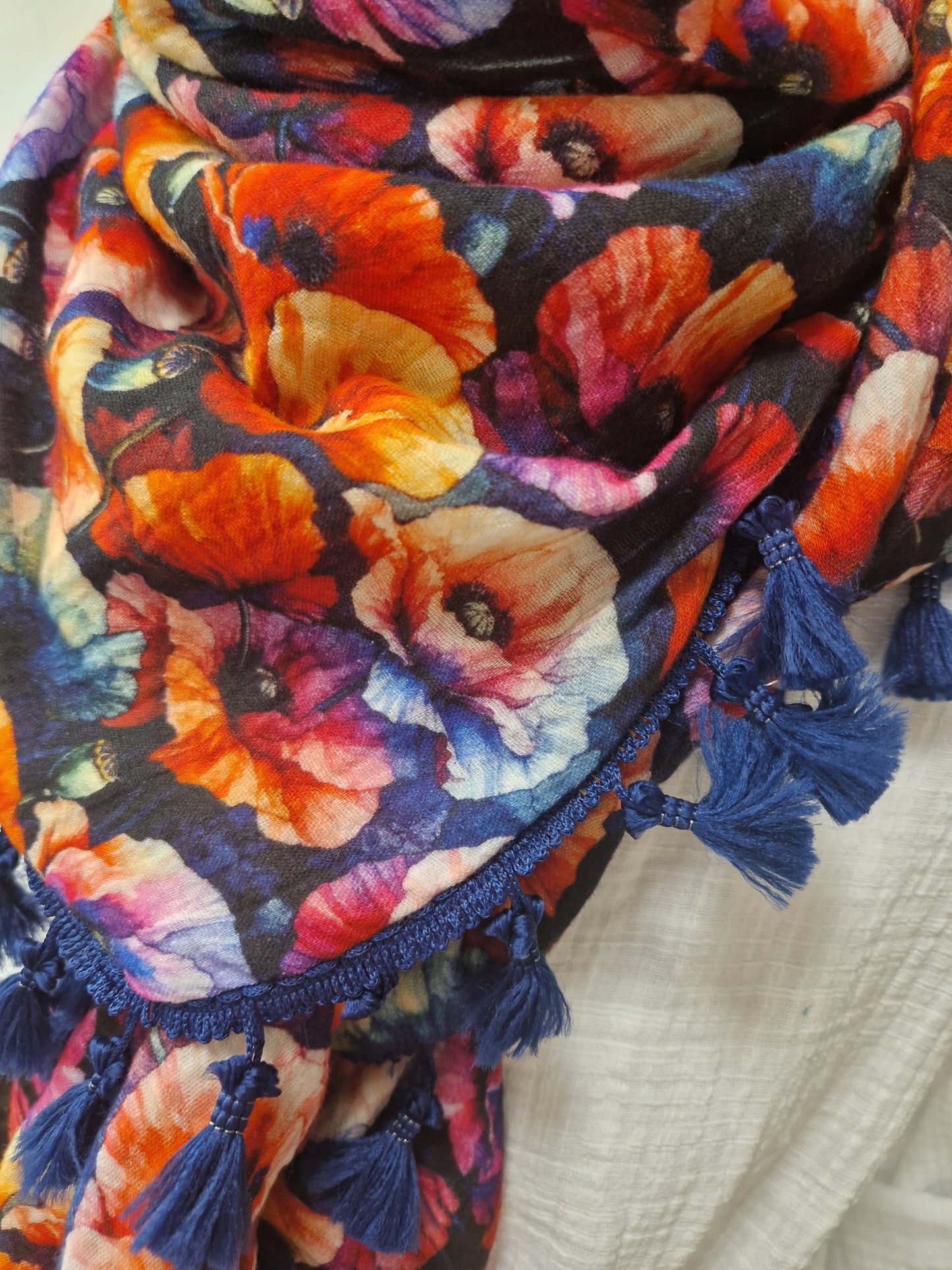 Dreieckstuch Damen Camille,Schal Damen, Musselinschal, Blumen, orange, Blau, rot