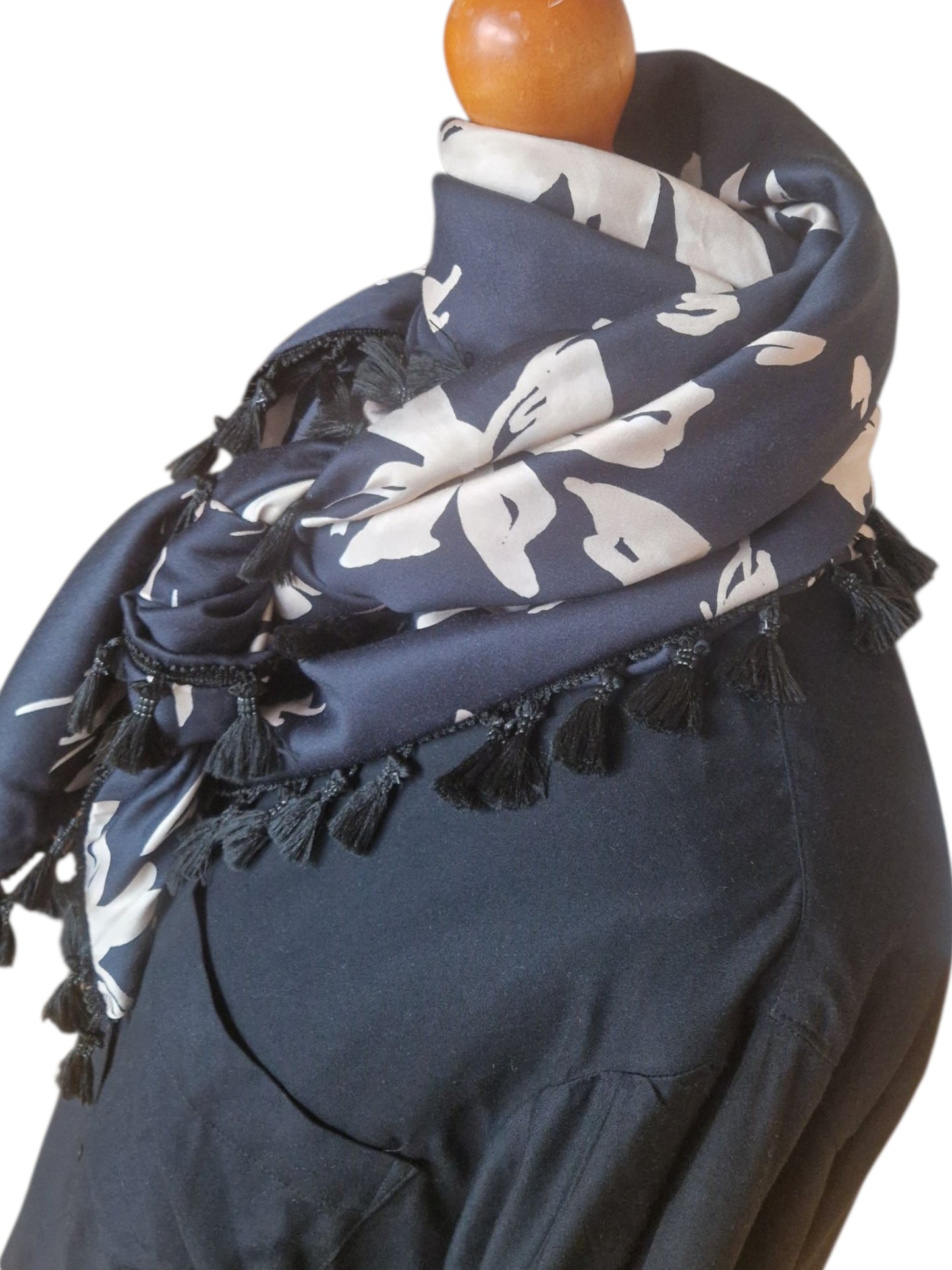 Dreieckstuch Damen Sabrine, Schal Damen, Viskose-Satin, Schwarz, Beige, Blumen