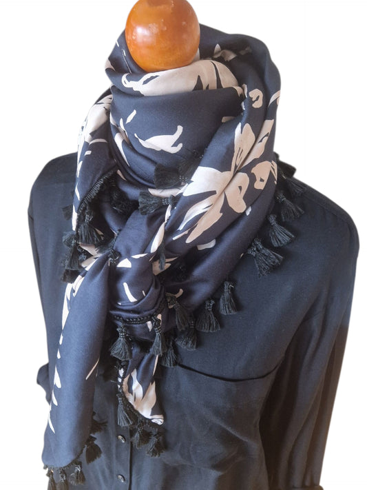 Dreieckstuch Damen Sabrine, Schal Damen, Viskose-Satin, Schwarz, Beige, Blumen