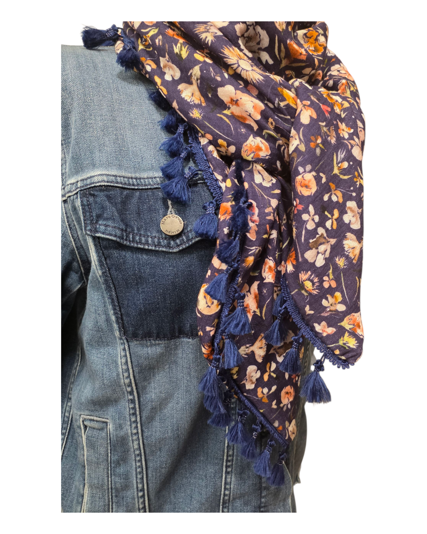 Dreieckstuch Damen Joelle, Schal Damen, Musselintuch, Blumen, marineblau