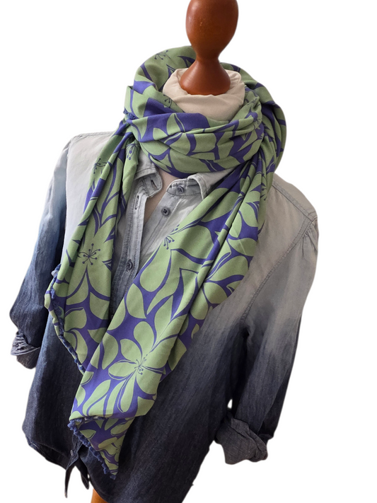 Dreieckstuch Damen Patrizia, Schal Dame, Blumen, jeansblau, grün