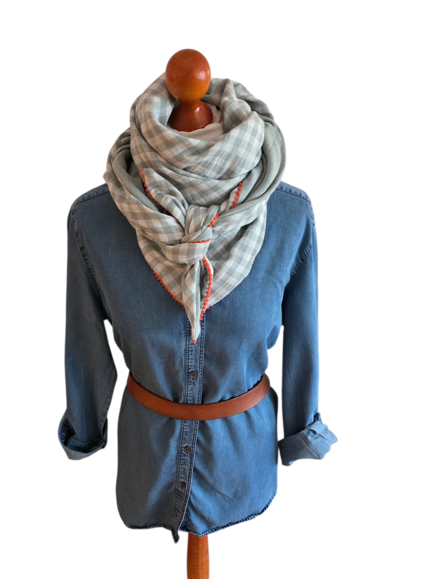 Dreieckstuch Damen Amelie, Schal Damen, Musselintuch, Karo weiss/salbeigrün